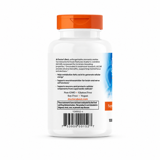 Doctor's Best Acetyl-L-Carnitine 500 mg, 120 veggie capsules – back label with product benefits and barcode