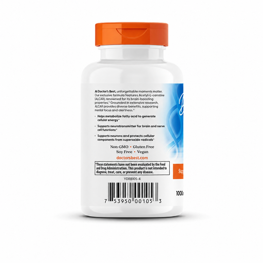 Doctor's Best Acetyl-L-Carnitine 500 mg, 60 veggie capsules – back label with product benefits and barcode