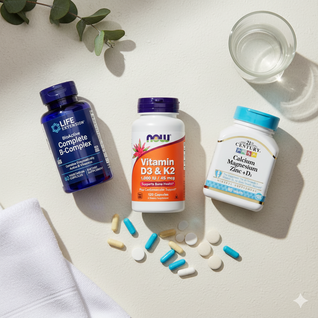 Flat lay of three essential vitamin supplements: NOW D3 & K2, 21st Century Calcium Magnesium Zinc, and Life Extension Complete B-Complex, with scattered pills and a glass of water on a light background.