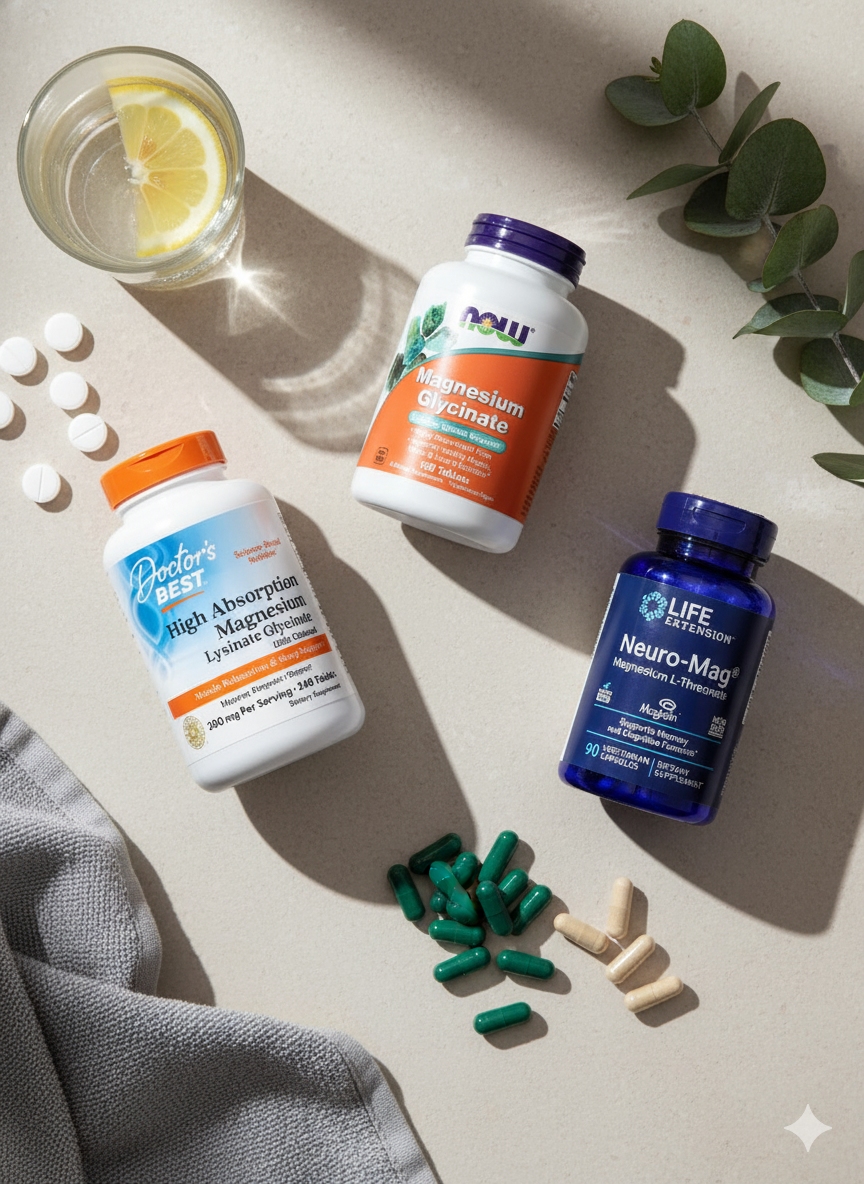 Four supplement bottles on a light surface with scattered pills and a glass of water with lemon.