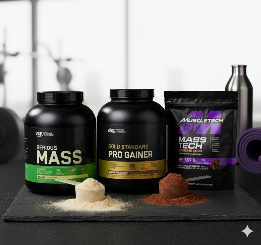 Protein and mass gainer supplements including Serious Mass, Gold Standard Pro Gainer, and Mass Tech displayed on a dark gym surface with blurred workout equipment in the background.
