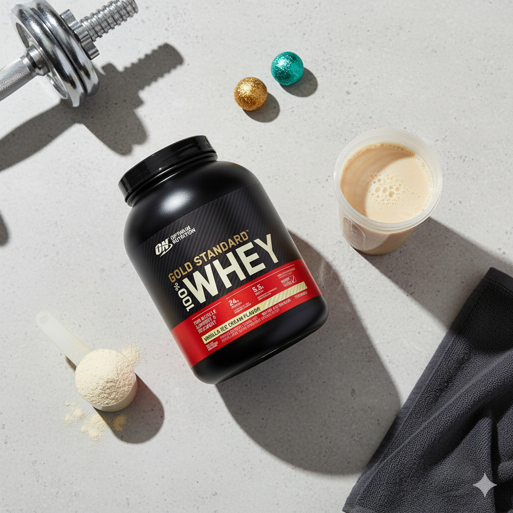 Optimum Nutrition Gold Standard 100% Whey protein powder with a scoop and a container of powder on a light surface.