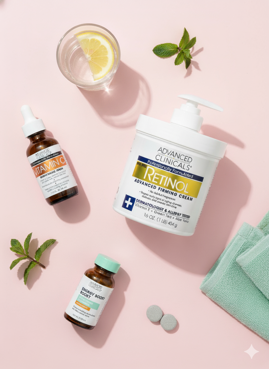 Flat lay of Advanced Clinicals Retinol cream, serum, and supplement on a pink surface with green leaves and a glass of water.