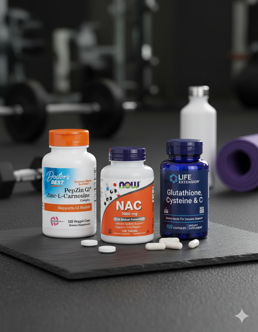 Assorted vitamin bottles and capsules arranged on a dark surface with fitness accessories in the background, representing the Vitamins category
