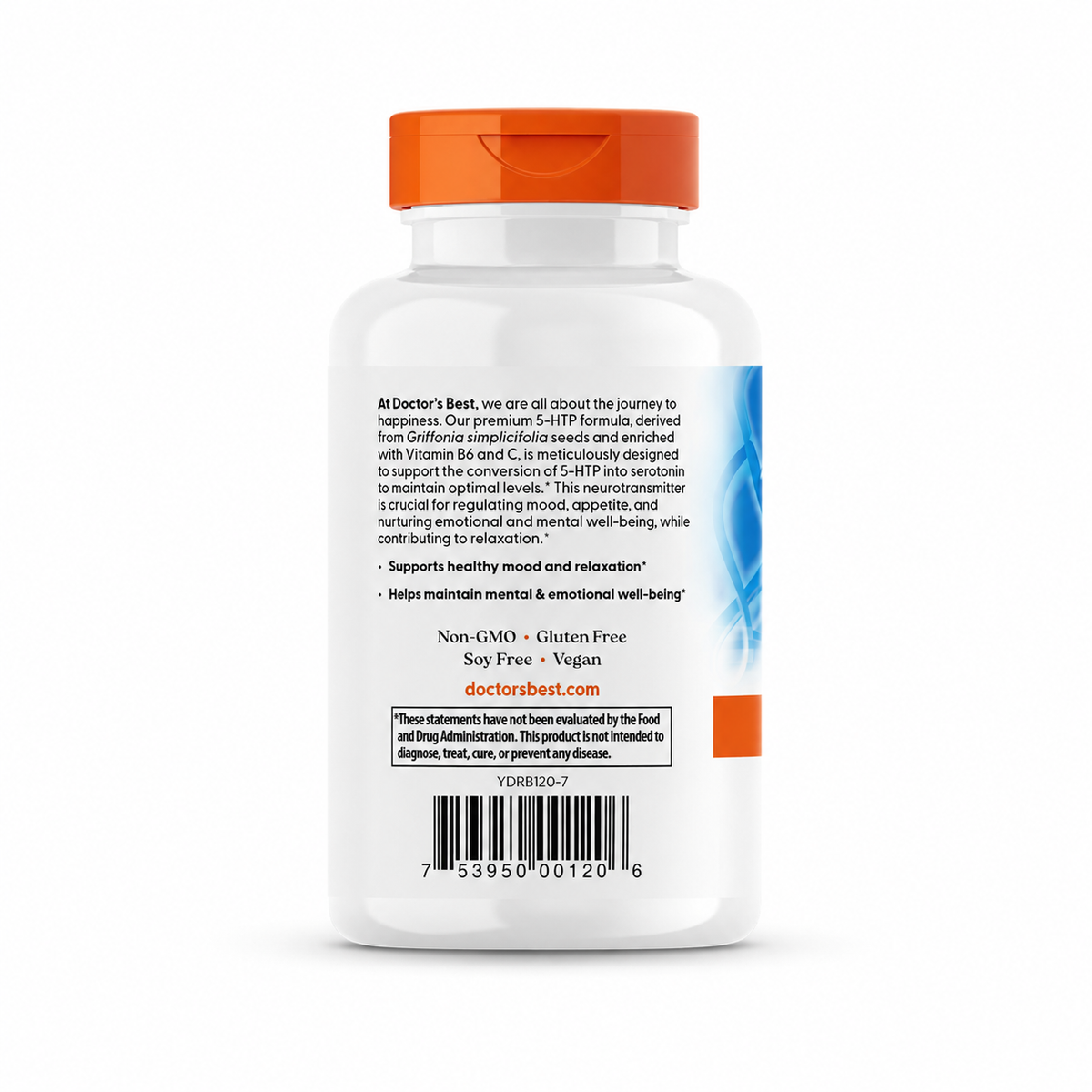 Doctor's Best 5-HTP 100 mg with Vitamin C and B6, 120 veggie capsules – back label and product benefits