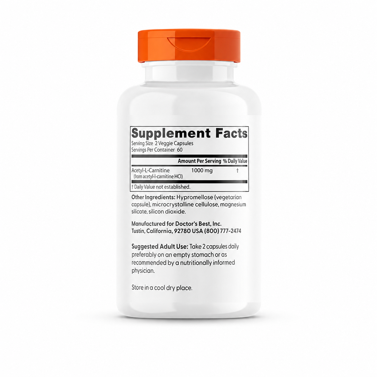 Doctor's Best Acetyl-L-Carnitine 500 mg, 120 veggie capsules – Supplement Facts showing 1,000 mg per serving
