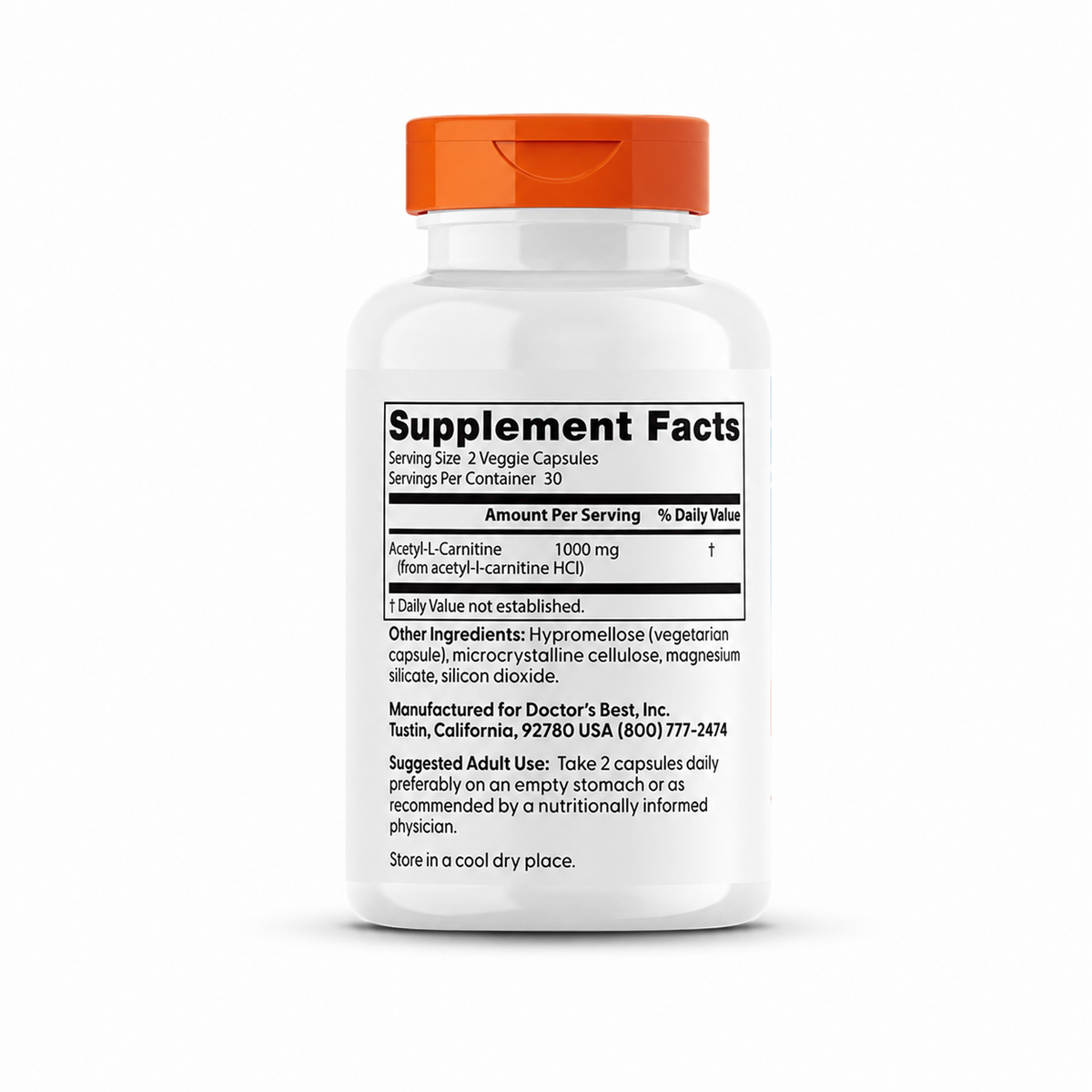 Doctor's Best Acetyl-L-Carnitine 500 mg, 60 veggie capsules – Supplement Facts showing 1,000 mg per serving