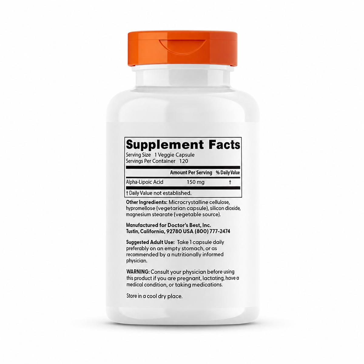 Doctor's Best Alpha-Lipoic Acid 150 mg, 120 veggie capsules – Supplement Facts and suggested use